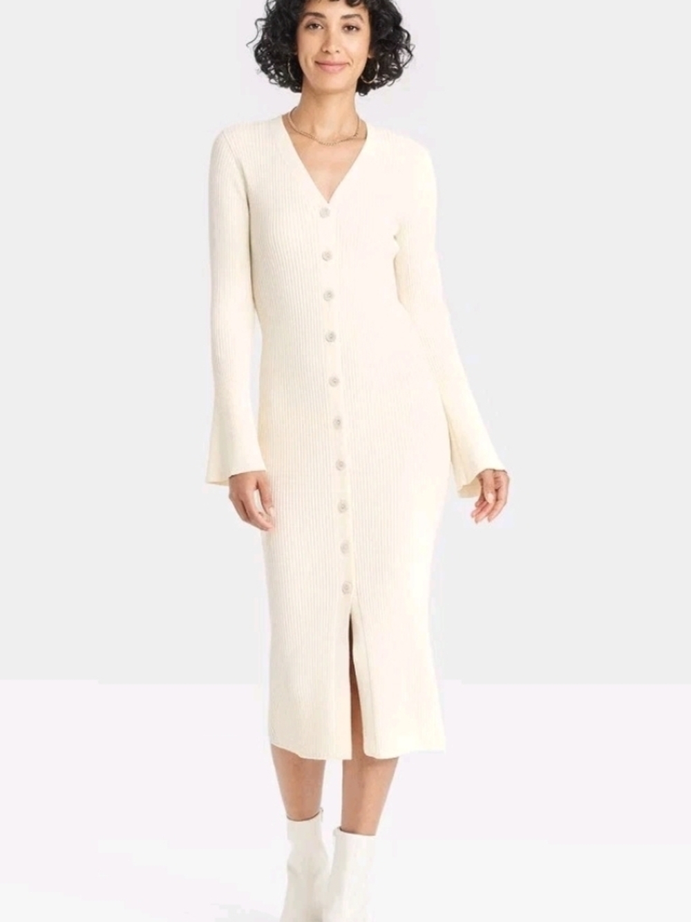 a new day Cream Ribbed V-Neck Button Midi Dress
